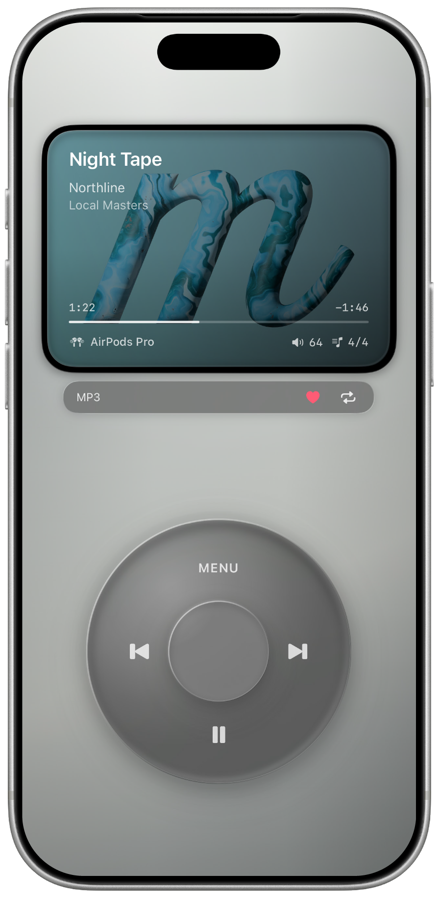 MuseDial local audio now playing screen in the Silver finish.
