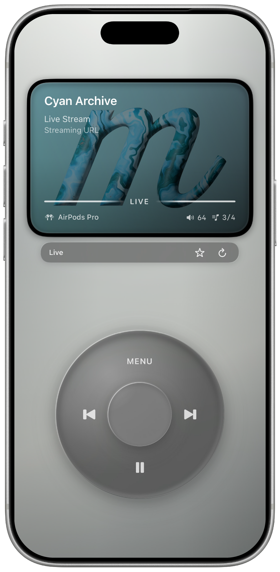 MuseDial live stream now playing screen in a warm graphite finish.